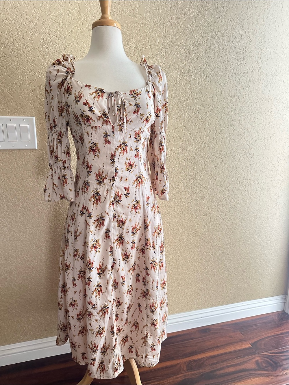 Floral Tie-Front Midi Dress in Cream
